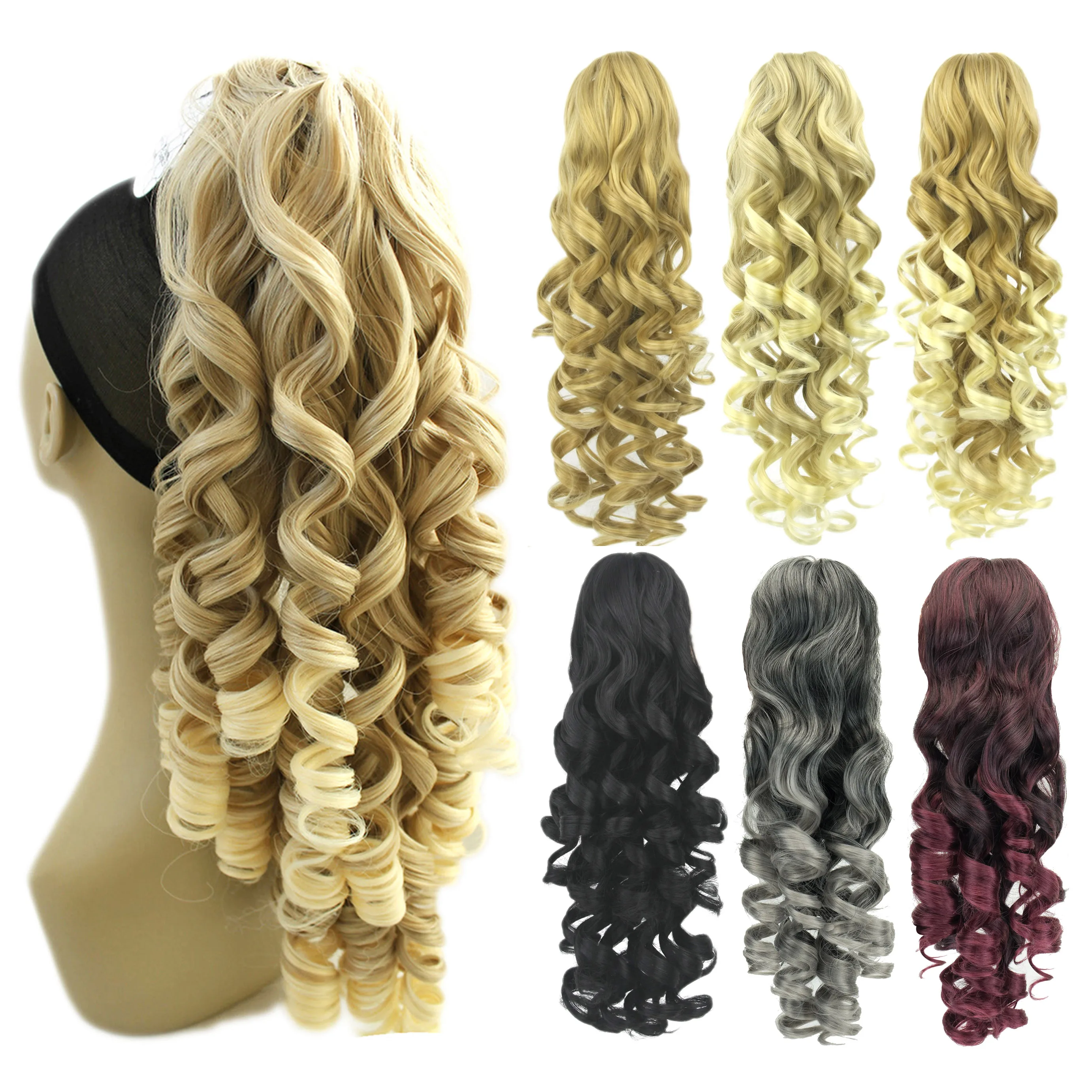 Soowee 60cm Long Black Blonde Curly Clip In Hair Extensions Pieces Pony Tail High Temperature Fiber Synthetic Hair Claw Ponytail