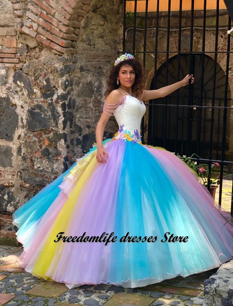 

Elegant Rainbow Quinceanera Dresses With 3D Applique Tulle Tassel Sweet 16 XV vestidos de 15 años 2022 Mexican Girls XV