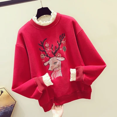 

A Ladies jacket plus velvet thick loose loose fake two-piece autumn and winter lace stitching embroidery pullover top