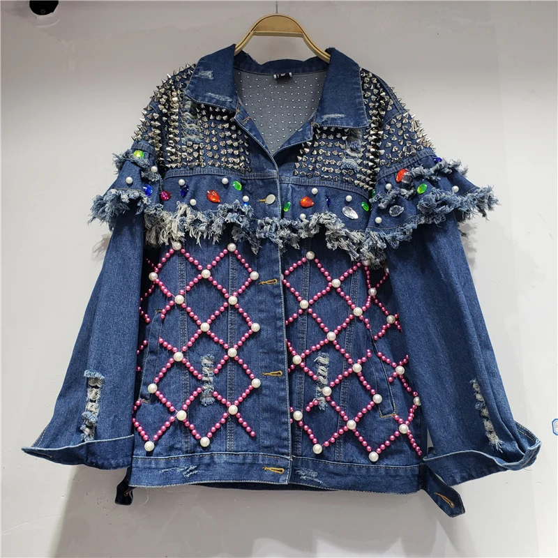 2022 Autumn New Heavy Industry Denim Jacket for Women Beads Rivet Worn Long-Sleeved Jean Coat Loose Women's Cowboy Jackets Coats