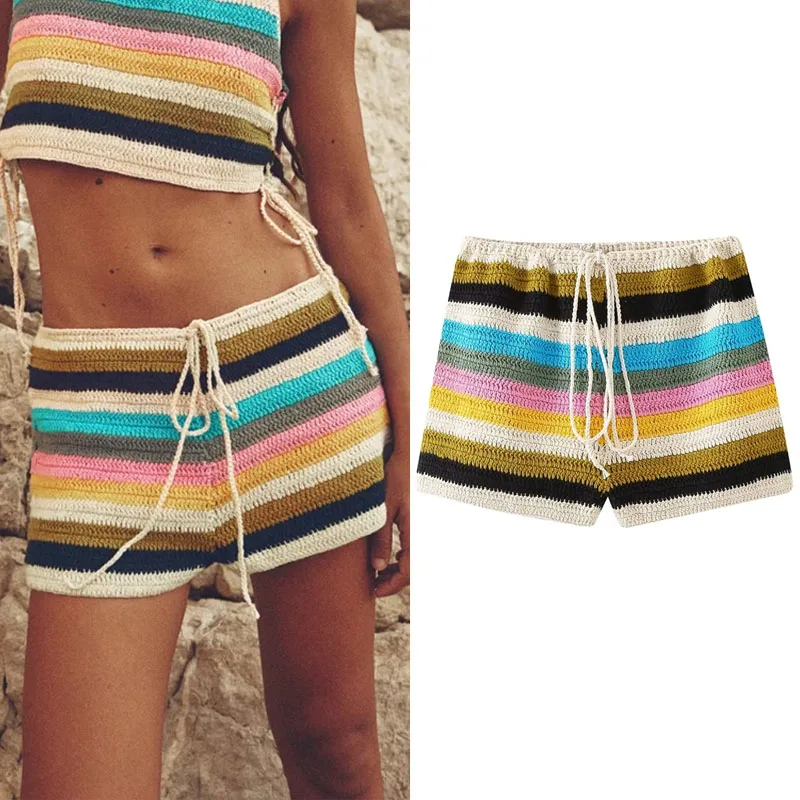 

TRAF Summer Woman Striped Crochet Shorts Mid-Rise Adjustable Waist Short Y2K Clothing Self Tie Shorts Casual Holiday Lady Sets