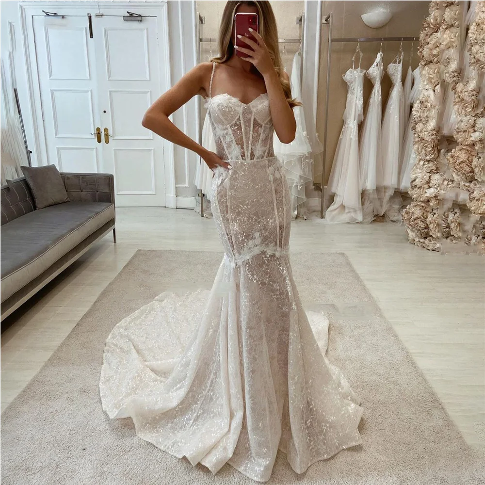 

Luxury Wedding Dress For Bride 2022 Spaghetti Straps Sweetheart Vintage Bridal Gown Exquisite Mermaid Appliques Vestido De Noiva