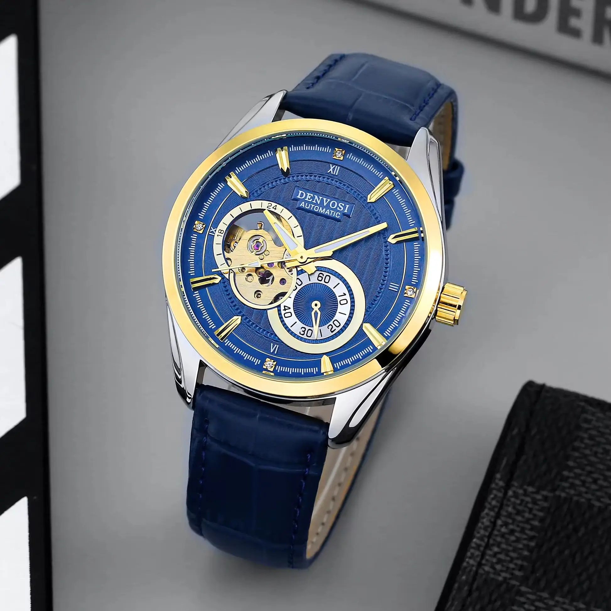 Автоматические Механические Мужские Часы Denvosi Светящийся Водостойкий Кожаный