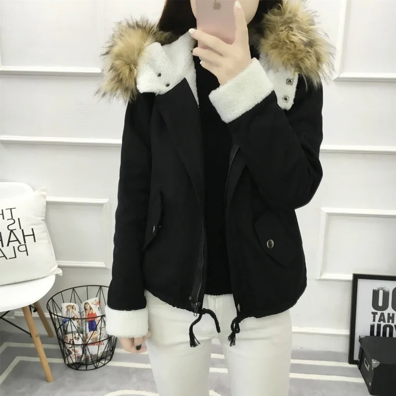 

Short Hooded Parka With Fur Collar Winter Jacket Women Casual Warm Adjustable Waist Female Cotton Liner Parka Coats 2022 New