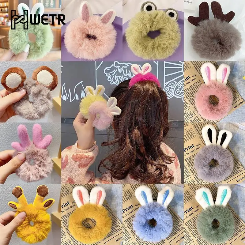 

1pc Rabbit Ear Plush Hair Ring Candy Color Elastic Hairbands Cute Sweet Multi-colored Headwear High Ponytail Holder Accessories