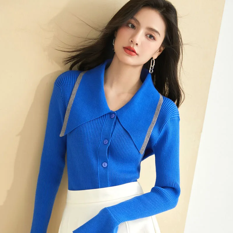 

Wisher&Tong Women Sweater Autumn Winter 2022 Long Sleeves Turn-down Collar Single Breasted Knit Cardigan Sweaters Korean Tops