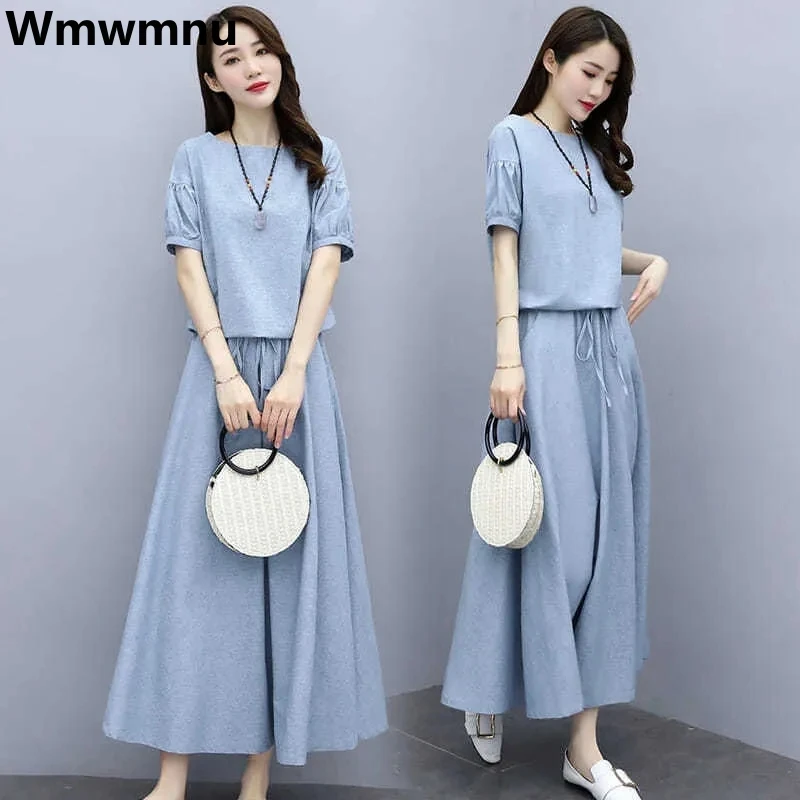 

Cotton Linen Loose Skirt 2 Piece Sets Casual Korean Tops + Elegant A-line Maxi Faldas Summer Women Outfits New Fashion Ensembles