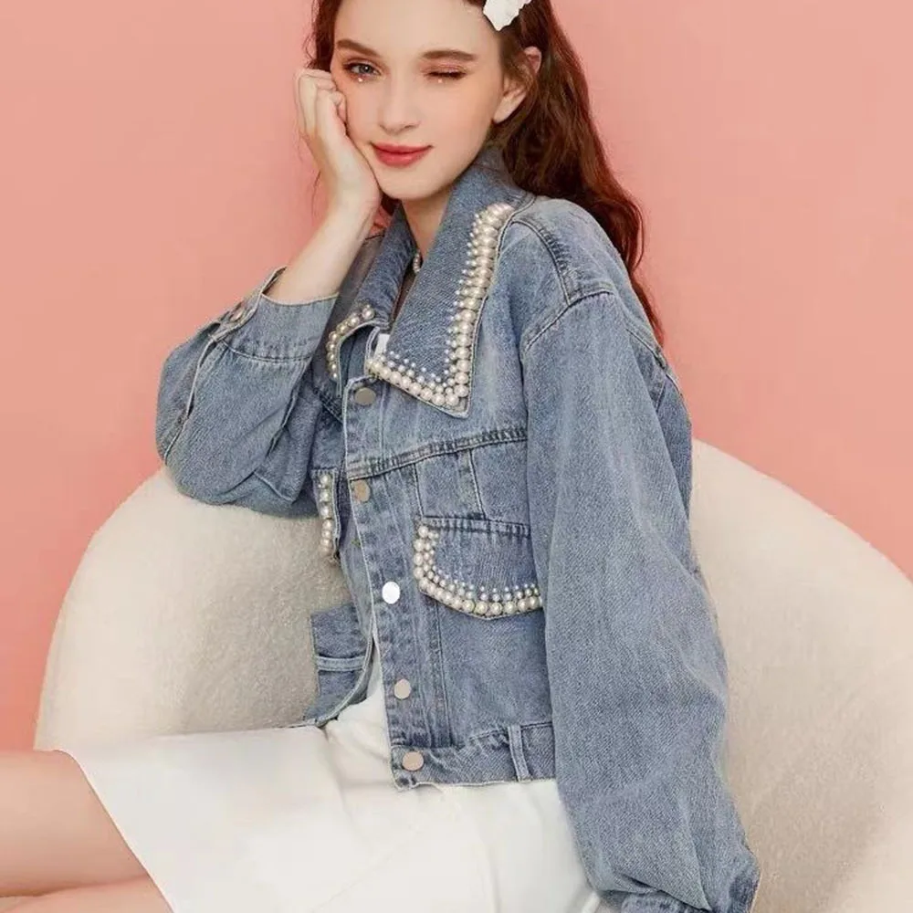 

Women's Spring Autumn Denim Jacket New Retro Loose Denim Clothes Street Beaded Short Jean Outwear Female Casual Sweet Denim Tops