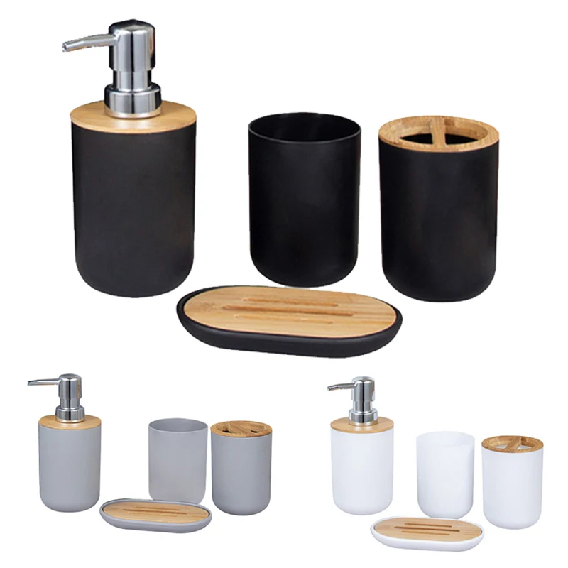 

4Pcs Bamboo Bathrooms Set Toothbrush Holder Soap Dispenser Soap Dish Container Bathroom Accessories
