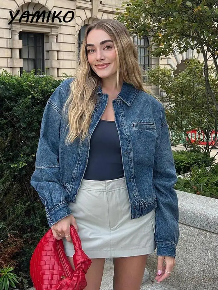 

Vintage Women's Denim Bomber Jacket Turn Down Collar Hidden Button-up Long Sleeve Bombers Streetwear Casual New in Jackets Lady