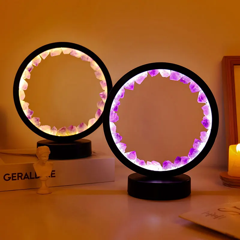 

Rechargeable LED Bedside Table Lamp Natural Quartz Amethyst Cluster Night Light Bedroom Desk Network Circle Decorative Lights