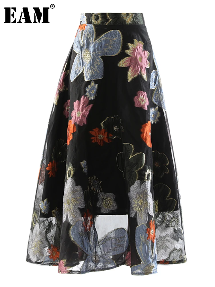 

[EAM] High Waist Black Jacquard Mesh Long A-line Elegant Half-body Skirt Women Fashion Tide New Spring Autumn 2022 1DE6570