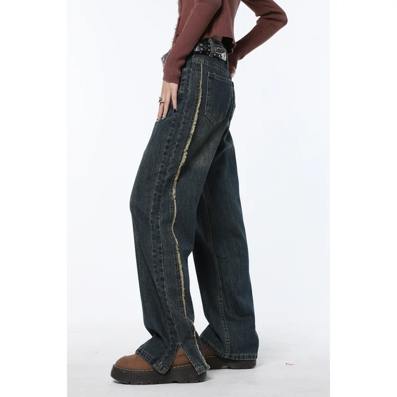 

Винтажные темно-синие женские джинсы с высокой талией, прямые мешковатые джинсовые брюки, американская мода, уличная одежда, джинсы с широк...