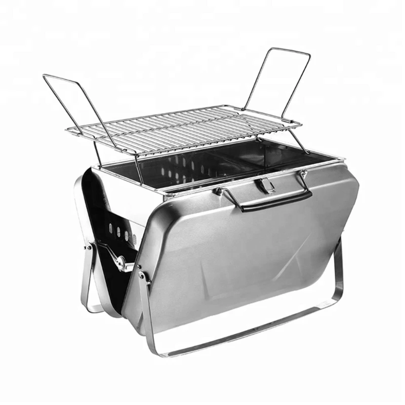 Outdoor Foldable Portable Car Stainless Steel Silver Color Suitcase BBQ Barbecue Charcoal Grill