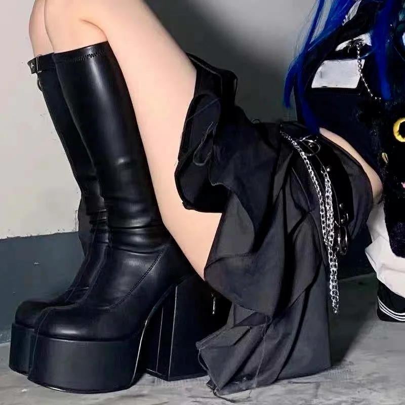 2022 New Women Boots High Heels Chunky Platform Black Big Size 43 Winter Boots Knee High Boot Zipper  Boot Party Shoes