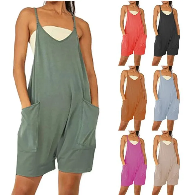

Harem Jumpsuit Spaghetti Long Camis Pocket Summer Shorts Zipper Loose Wide Leg Overall Jumpsuit Playsuits Pocket Bodysuits Women