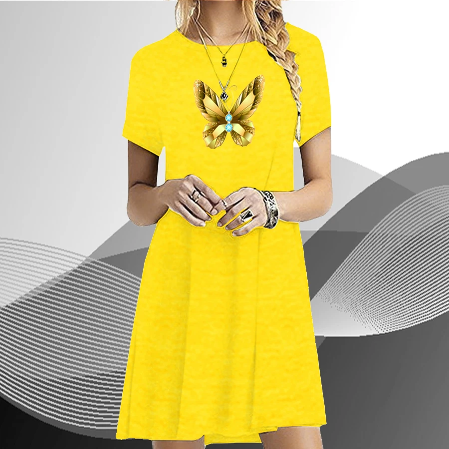 

Summer Casual Dress Women Fashion Cartoon Gold Butterfly For Womens O-Neck Party Short Sleeve Loose Dress Clothing
