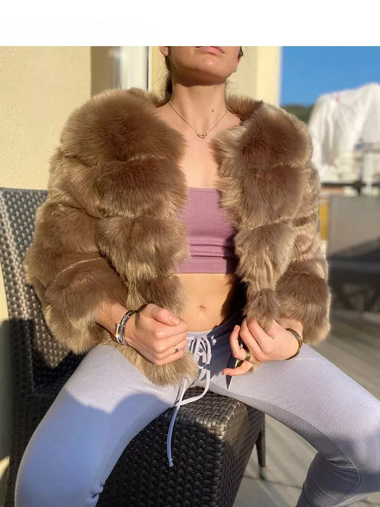 2023 Winter Mink Coats Fashion Women Faux Fur Coat Female Black Elegant Fluffy Thick Warm Artificial Fox Fur Jacket Outerwear