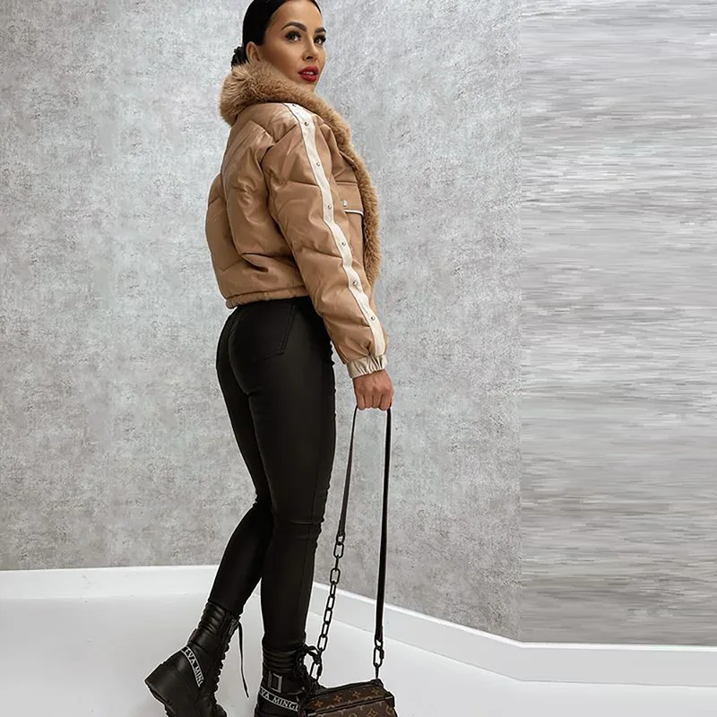 

Женская короткая куртка на молнии, Повседневная хлопковая теплая куртка с длинными рукавами и меховой прострочкой, Осень-зима
