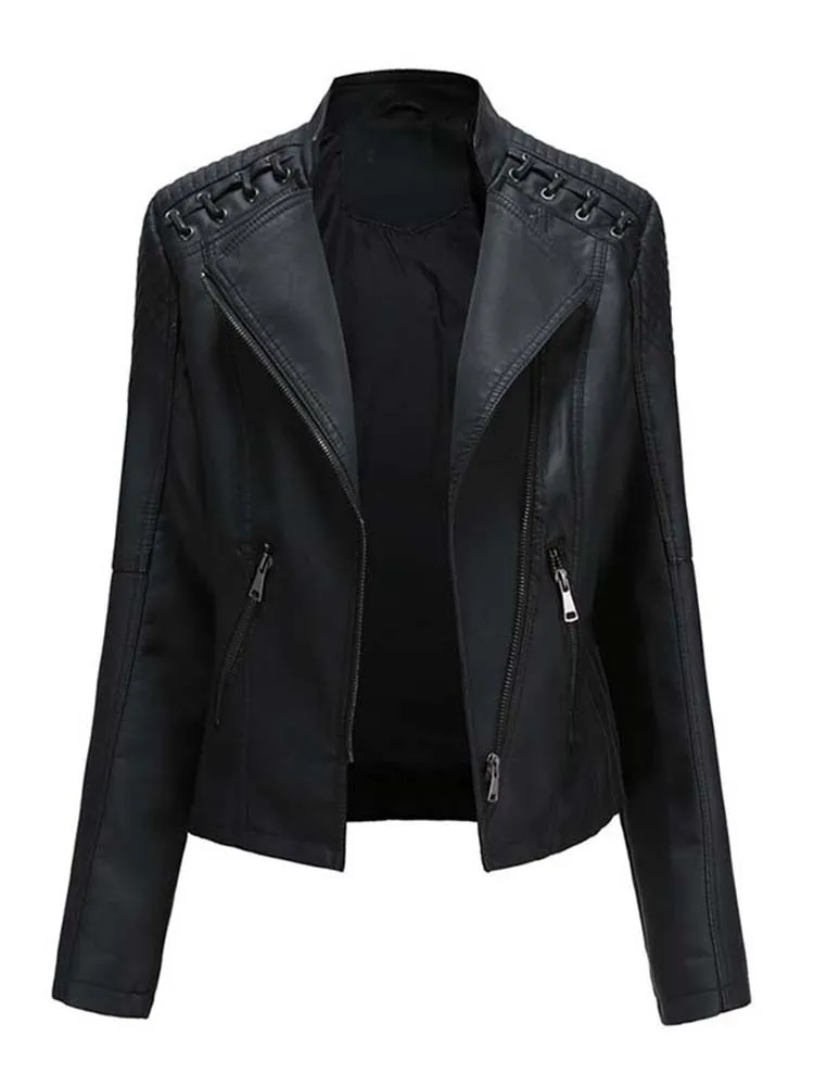 Autumn Winter 2022 Faux Leather Jackets Women Long Sleeve Zipper Slim Motor Biker Leather Coat Female Outwear Tops