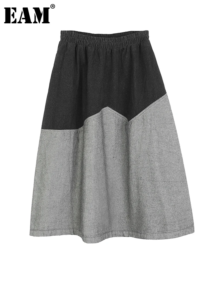 

[EAM] High Elastic Waist Black Color-block Denim A-line Half-body Skirt Women Fashion Tide New Spring Autumn 2022 1DF0664