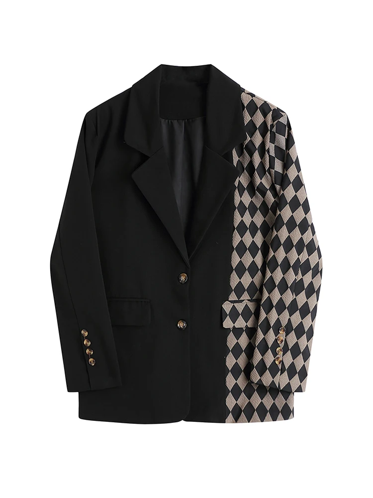 

Женский винтажный блейзер в клетку, черный пиджак свободного покроя с отложным воротником и длинным рукавом, Осень-зима 2022