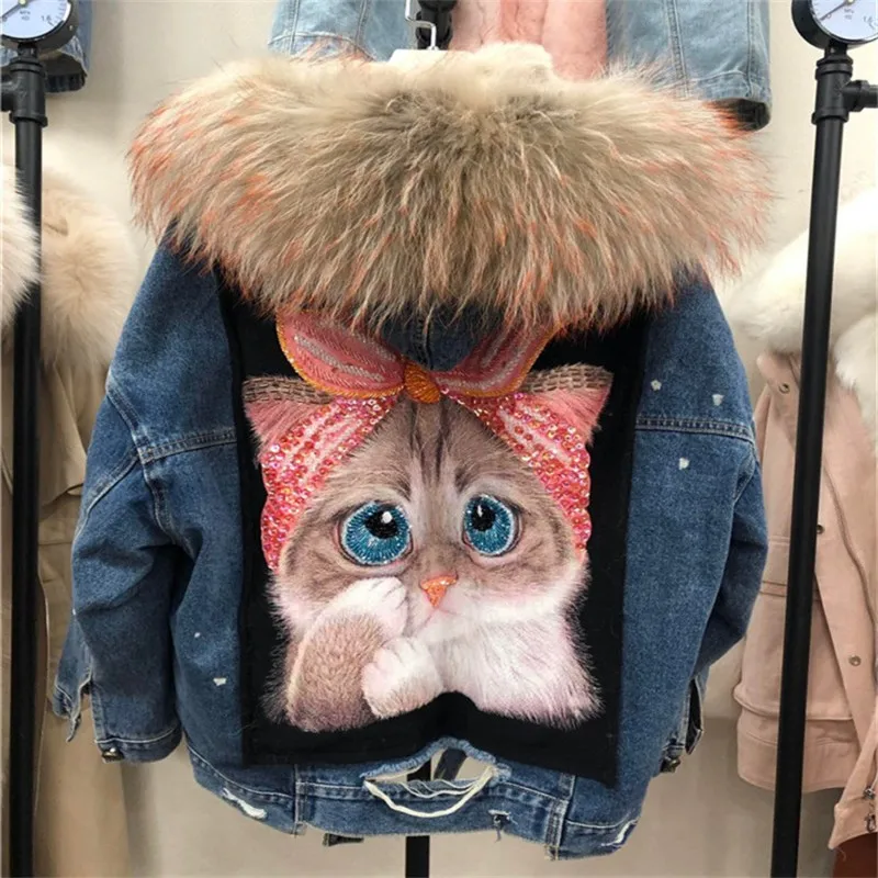 Back cartoon cat print thick fur liner real fur parka women natural raccoon fur collar denim jacket oversized fur hood coat