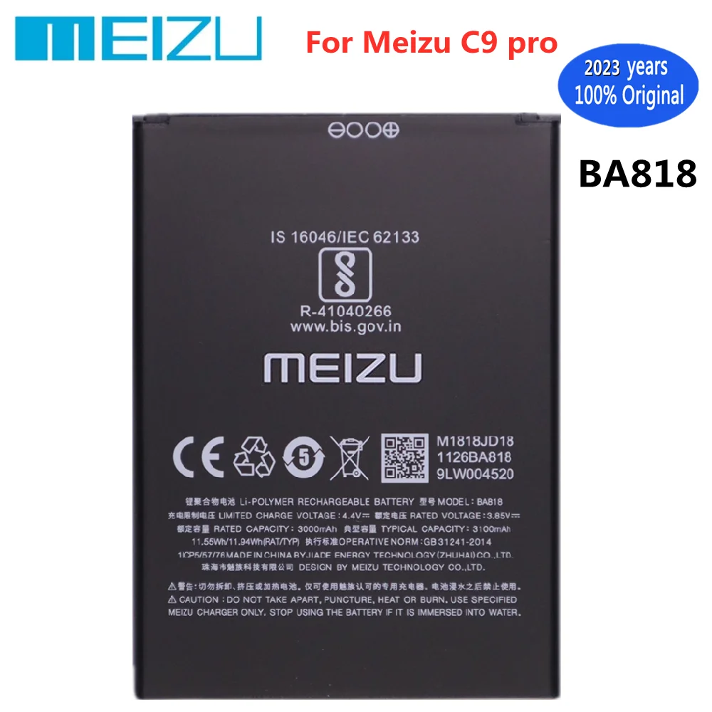 

2023 год, 3000 мАч, оригинальный аккумулятор Meizu 100% для Meizu c9 pro, C9Pro, BA818, стандартная батарея