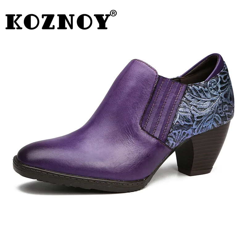 

Koznoy 6.5cm New Print Ethnic Genuine Leather Autumn Spring Woman Moccasins Metal Decoration Chunky Heel Embossed Big Size Shoes