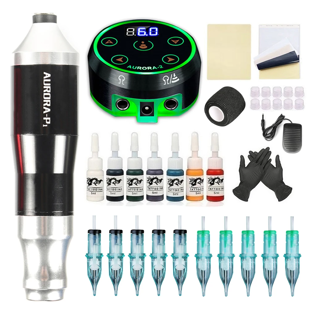 Tattoo Machine Kit Complete Tattoo Pen Set Aurora 2 LCD Tattoo Power Supply Cartridge Needles Permanent Makeup For Tattoo Artist