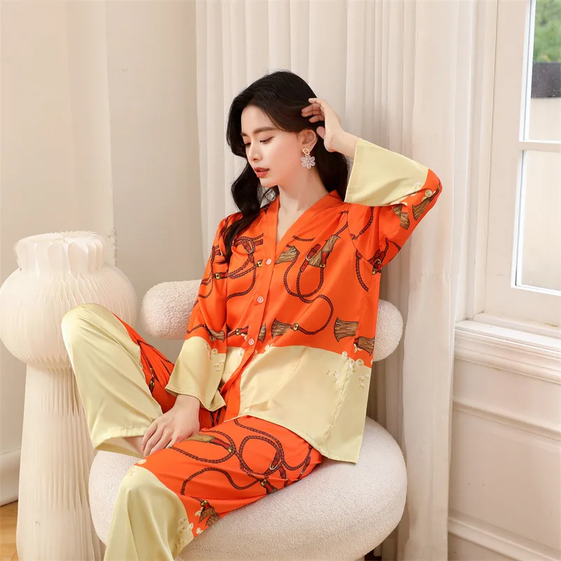 FALLINLAOE New Women's Pajamas Set Luxury Print Sleepwear V Neck Kimono Casual Homewear Satin Silk Like Nightwear Femme Petite