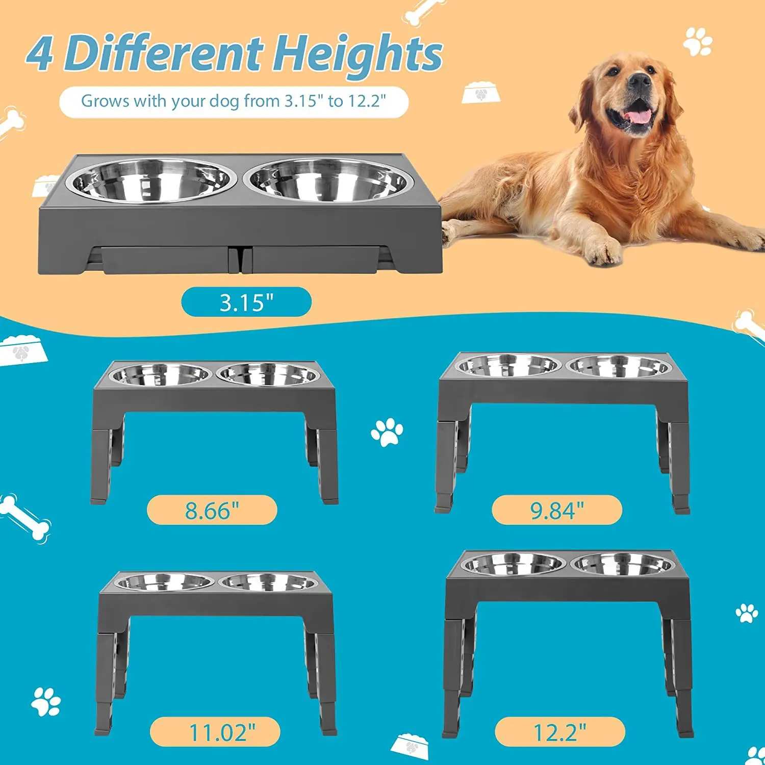 Pet Elevated Dog Double Bowl,Stainless Steel Stand Feeder 5 Height Adjustable Slow Food Bowls Suitable for Medium and Large Dogs images - 6