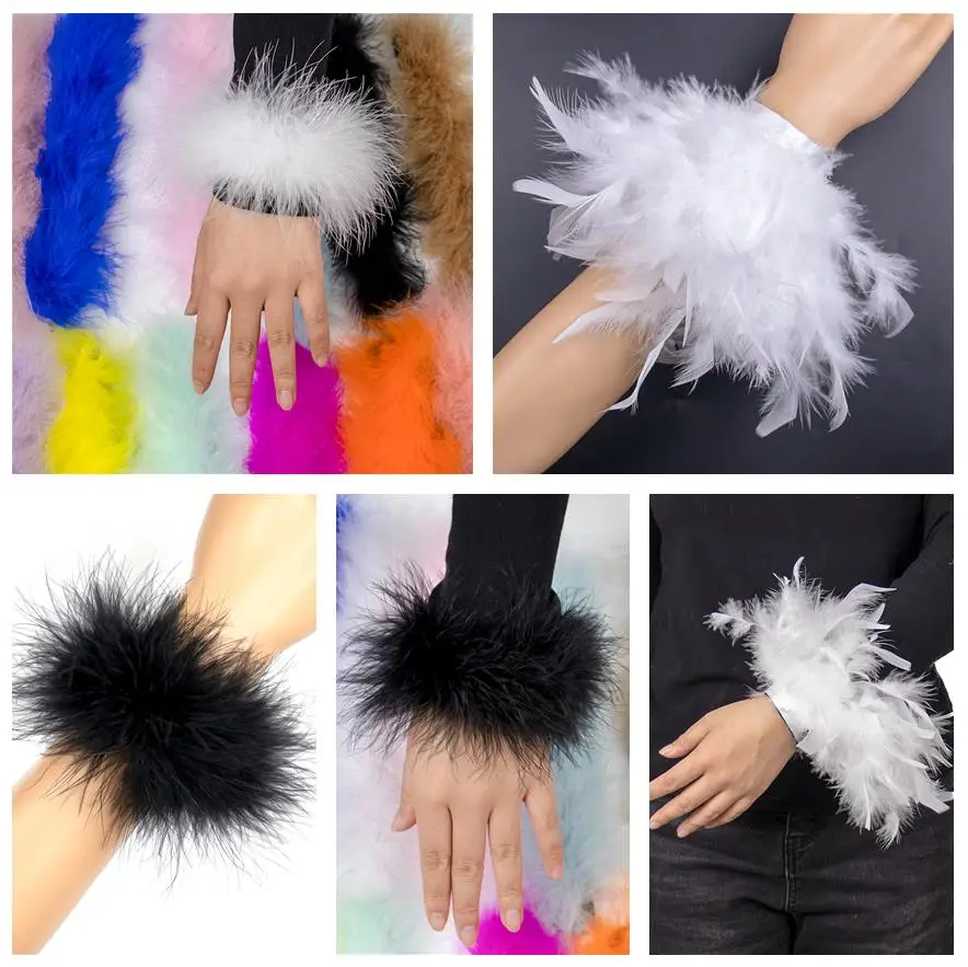 

1 PCS Long Turkey Feather Cuffs Wrist Sleeve Women Real Feather Cuff Snap Anklet Bracelet Fluffy Fur Cuffs Ladies White Black