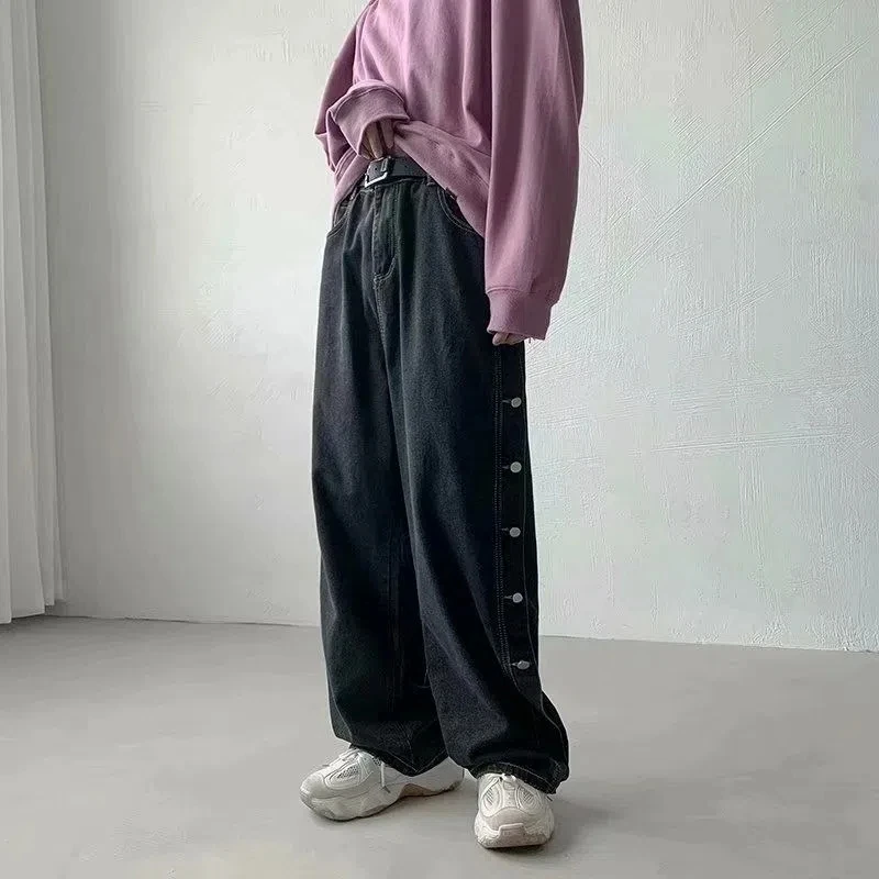 Autumn Winter Vintage Blue Straight Jeans Men Fashion Double Side Button Wide Leg Pants Streetwear Oversized Hip Hop Trousers