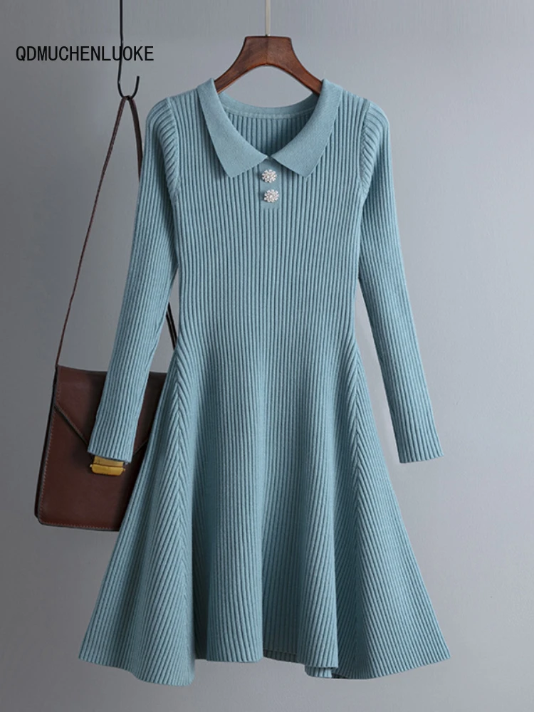 

Dresses for Women 2023 New In Autumn Winter Korean Fashion Sweater Solid A-line Skirt Lapel Slim Woolen Dresses Women's Clothing