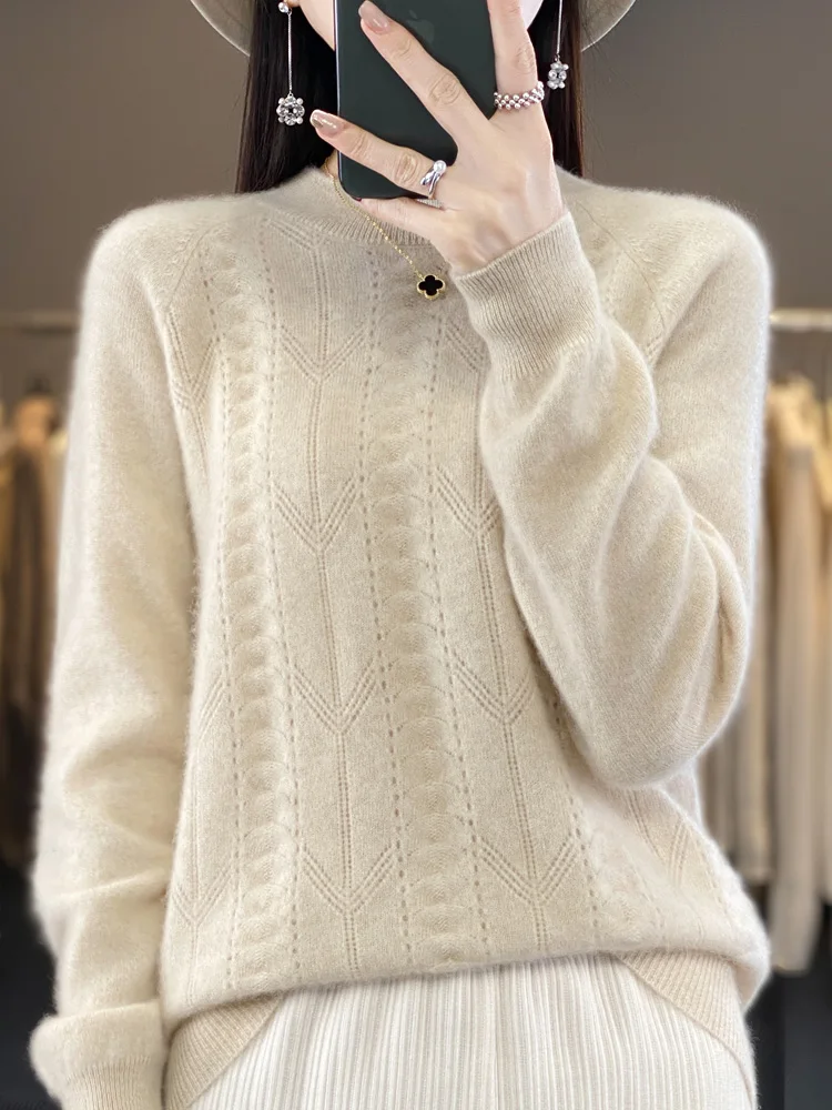 

Addonee Autumn Winter Women Sweater Mock Neck Long Sleeve 100% Merino Wool Pullover Casual Hollow Cashmere Knitwear Korean Style