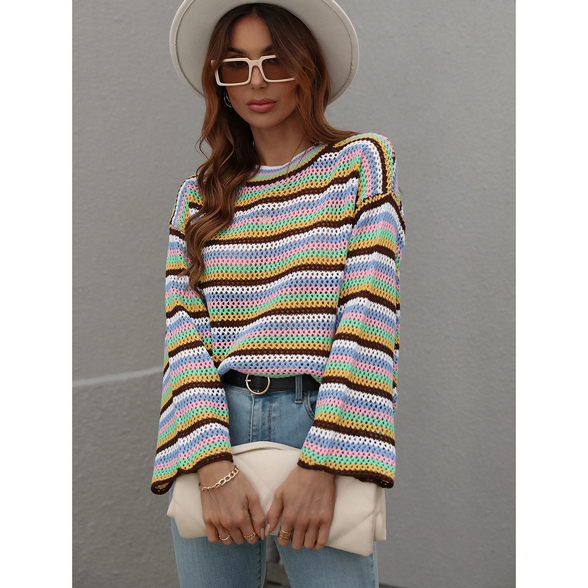

Spring/Autumn Women's Sweater O-Neck Hollow Out Flare Sleeve Striped Knit Shirt Elegant Pullover Loose-fitting Tops Woman