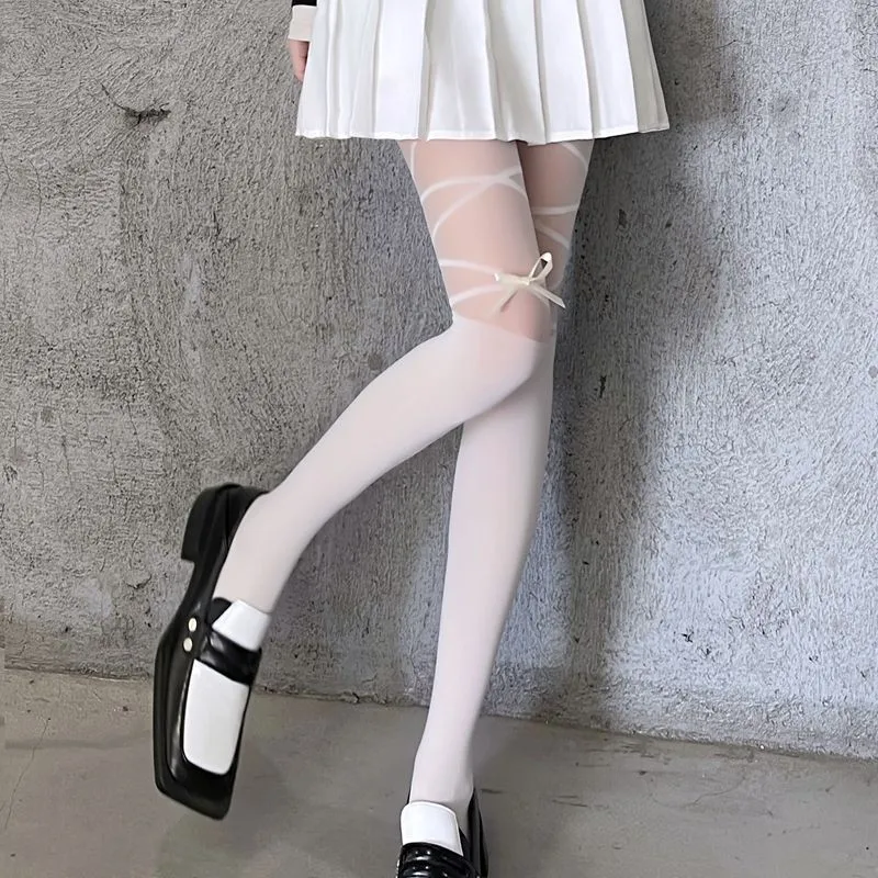 

Female Summer Thin Sexy Strap Girl Pantyhose Slim Tights Lolita Bowknot Jk Spicy Girl White Splice Silk Stockings