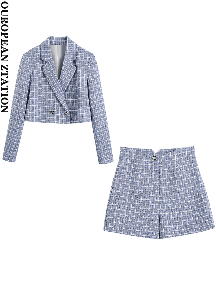 

PAILETE Women 2022 fashion double breasted tweed cropped blazer coat or high waist tweed bermuda shorts
