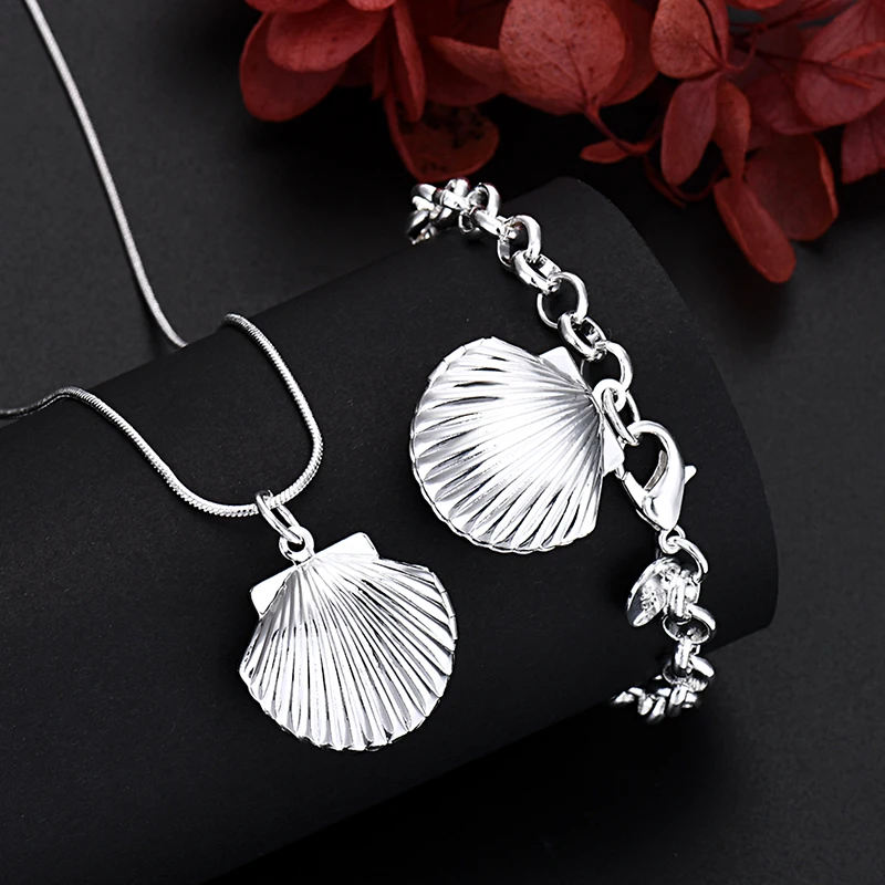 

45-60cm 925 Sterling Silver Seashell Photo Frame Necklace Bracelet Jewelry Set for Women Men Wedding Gift TRENDY
