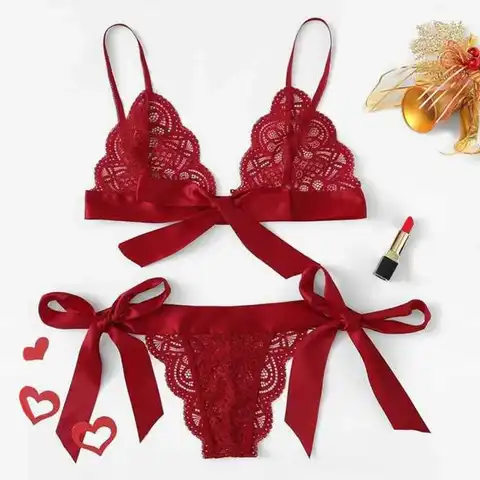Women Bra Sexy Underpant Sets Scalloped Trim Tie Side Lace Bra Set Solid Color Lingerie Set Bow Embroidery Bra And Brief Sets