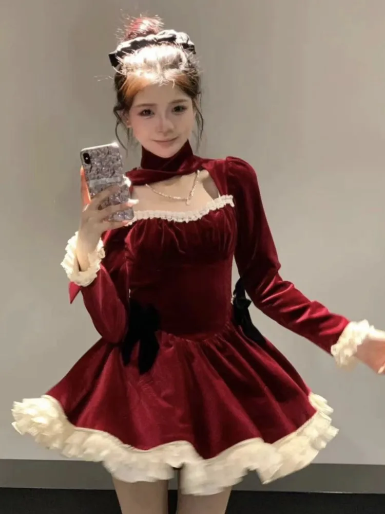 Женское бархатное мини-платье Y2K кружевное лоскутное платье с квадратным вырезом