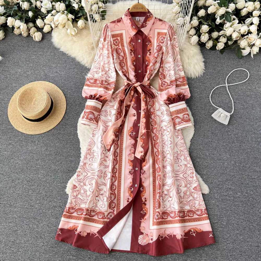 

VANOVICH Temperament Lantern Sleeve Dress Summer Women's Belt Waist Fashion Print Single Breasted Polo Collar A-line Long Dress