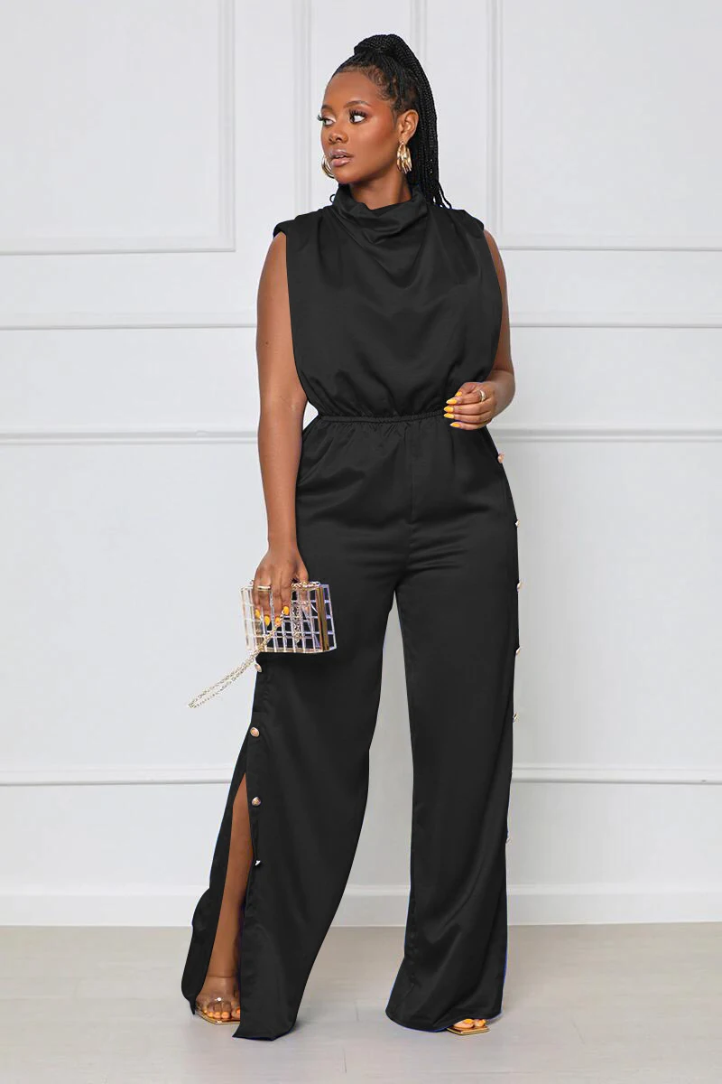 

High Waist Solid Loose Wide Leg Jumpsuits High Street Summer Sleeveless Button Split Jumpsuit For Women