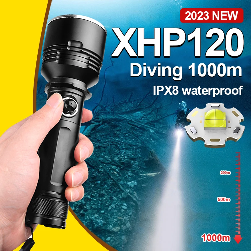 

2023 Подводный 1000 м XHP120 Фонарик для дайвинга IPX8 Водонепроницаемый свет Профессиональный фонарь для дайвинга L2 Подводное освещение Рабочая лампа