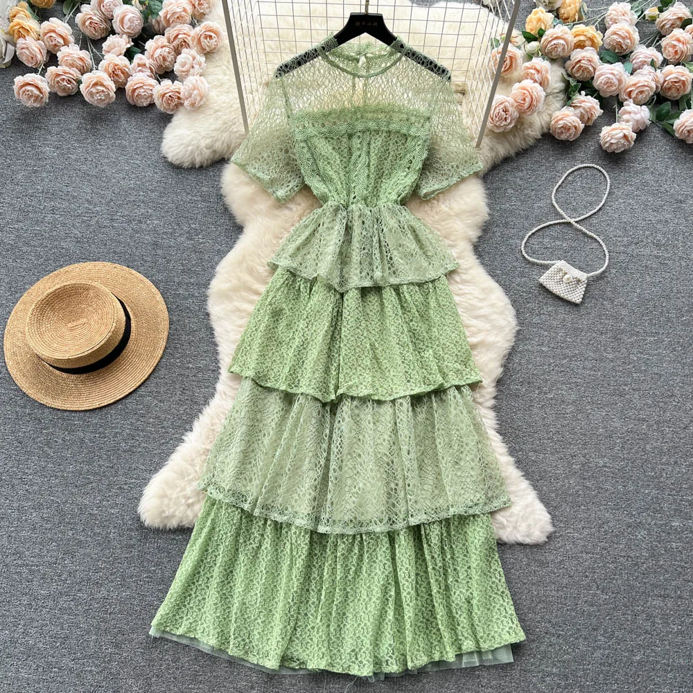 French Retro Lace Dress for Women New Fashion Summer Hollowed Embroidery Party Solid Color Vestidos Femininos Frete Grátis K805