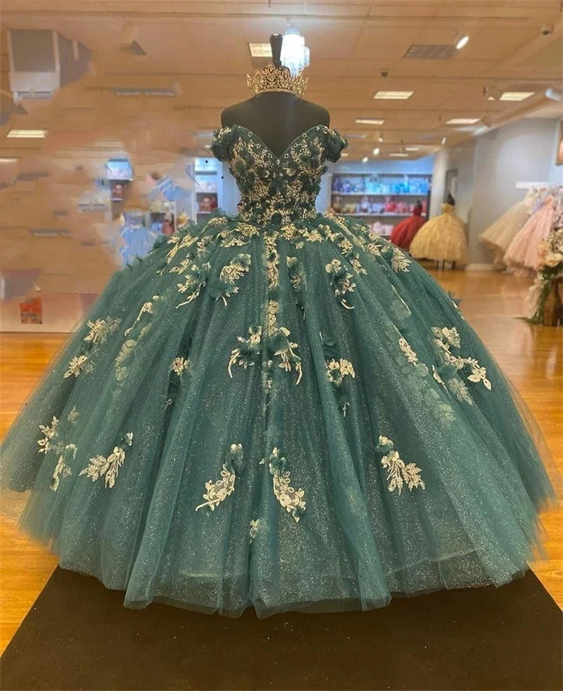 

Hunter Green 3D Floral Quinceanera Dresses 2022 Off Shoulder Lace-up Corset Back Puffy Skirt Sweety 15 Vestidos de Quinceañera