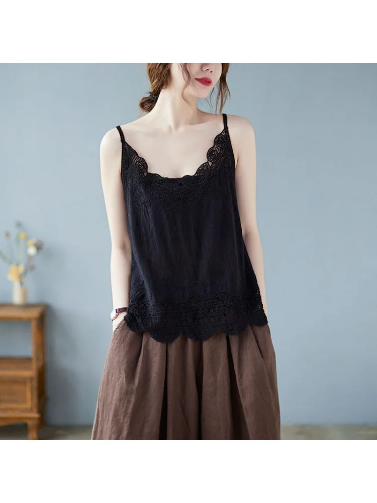 

DIMANAF Summer Women T-Shirt Lace Tshirt Sleeveless Basic Fashion Sexy Tops Tees Print Floral Loose Casual Loose Tees 7 Colors