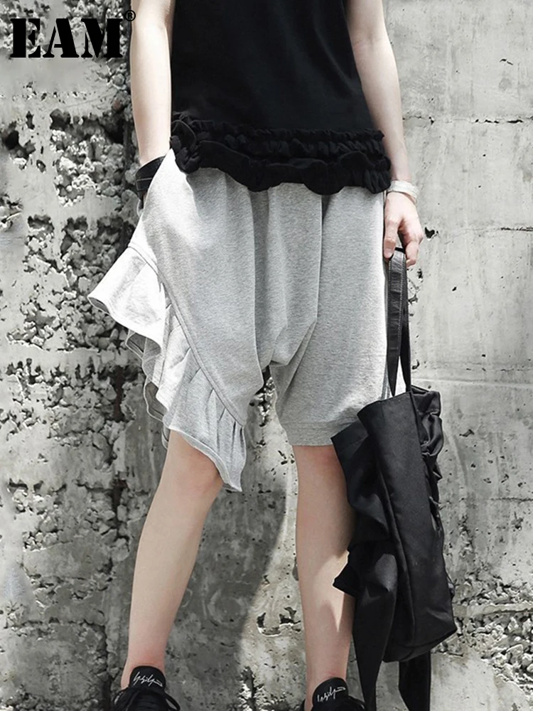 

[EAM] 2022 New Spring High Elastic Waist Black Ruffles Split Joint Loose Wide Leg Pants Women Trousers Fashion Tide JG333