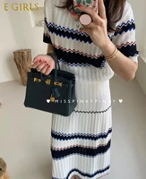 e girls autume new striped hit color knitted two piece set women o neck half sleeve pullover tops maxi skirts elegant suits